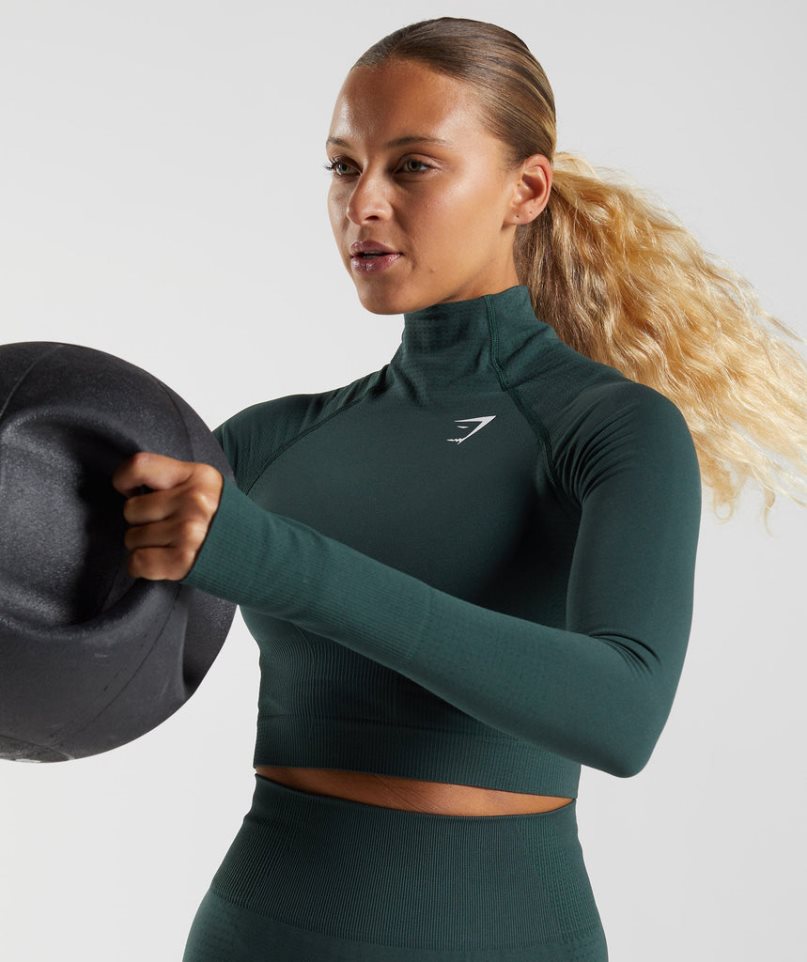 Women's Gymshark Vital Seamless 2.0 High Neck Midi Cropped Tops Dark Green | NZ 1OKPSV